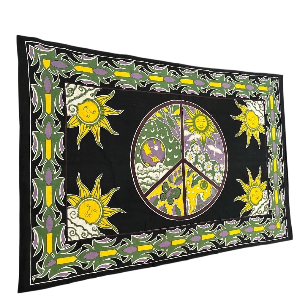 Black, Yellow and Green Festival Peace Sign Nature Wall Tapestry